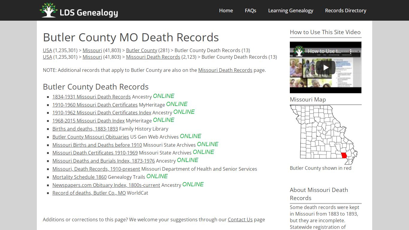 Butler County MO Death Records - LDS Genealogy