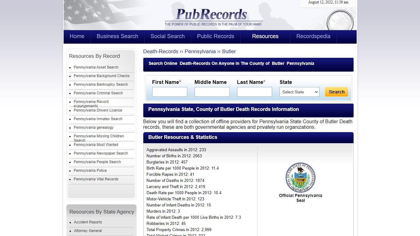 Butler County, Pennsylvania Death Records