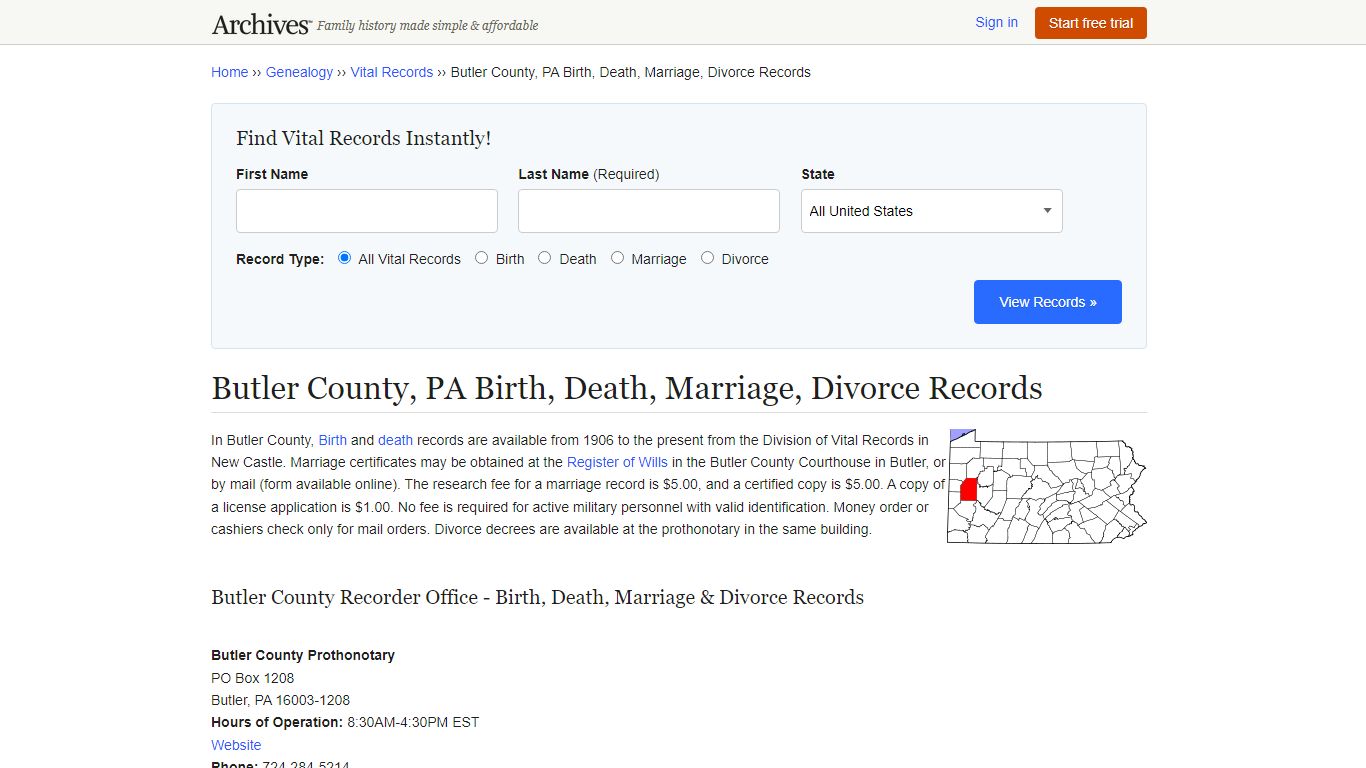 Butler County, PA Birth, Death, Marriage, Divorce Records