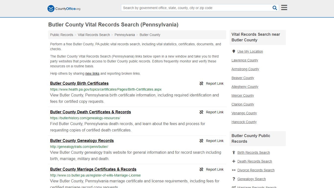 Vital Records Search - Butler County, PA (Birth, Death ...